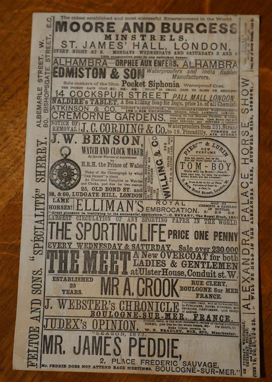 DORLINGS LIST OF EPSOM RACES for 30th May 1877. Race card with adverts on the back.